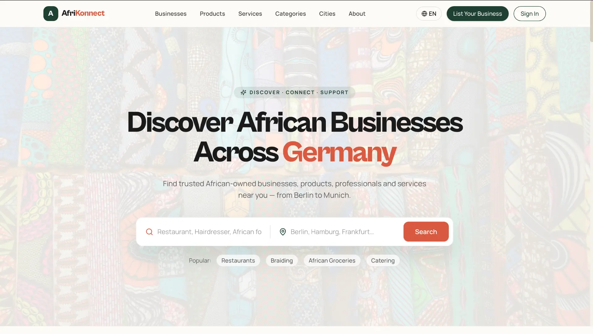 AfriKonnect homepage: a search for African-owned businesses, products and services across Germany