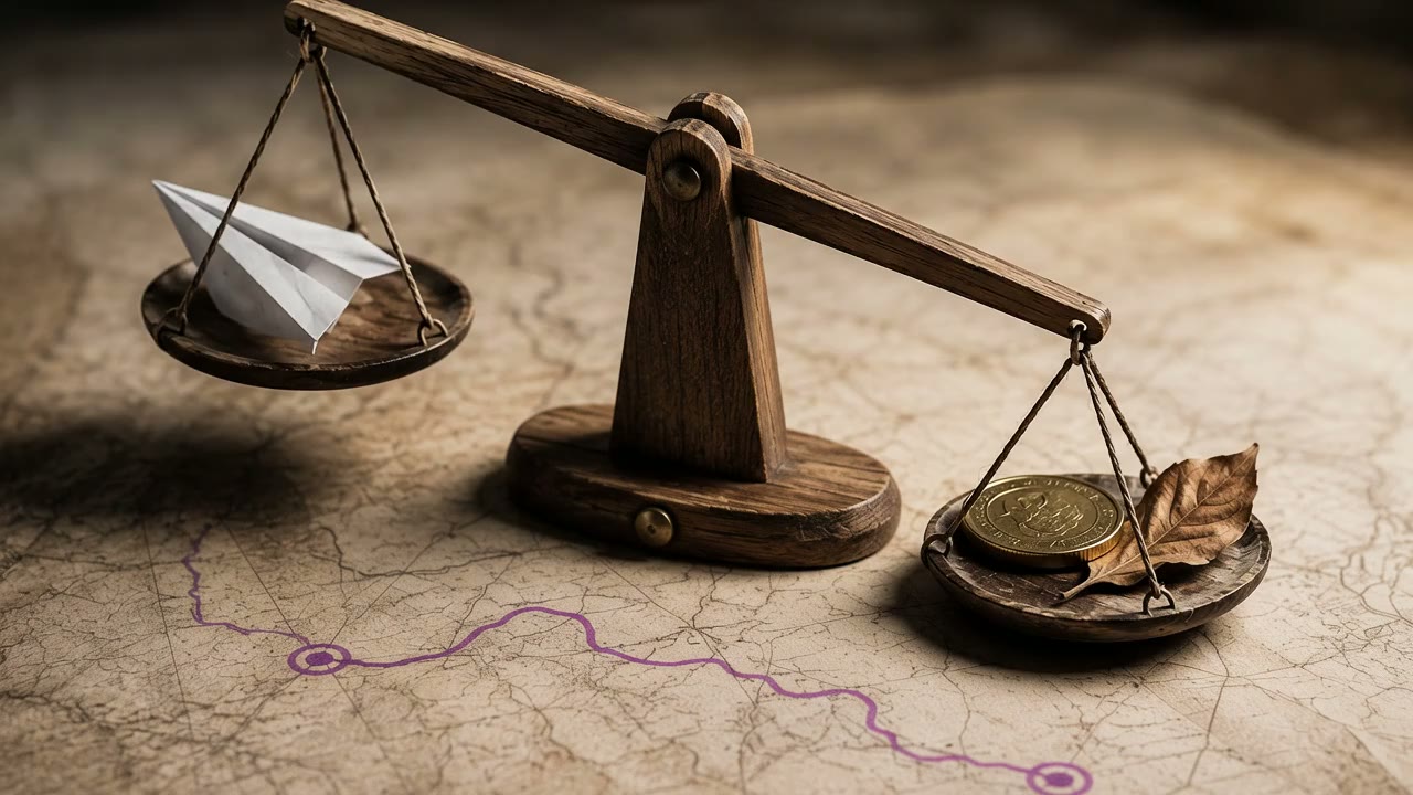 Balance scale settling over a map, weighing travel options against each other