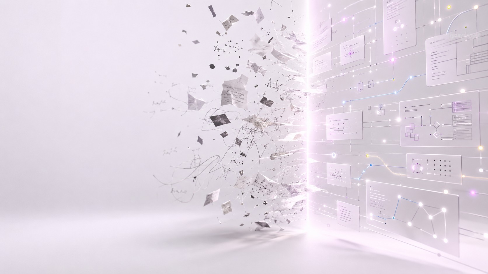 Abstract visualization of scattered fragments and ideas transforming into a structured digital system